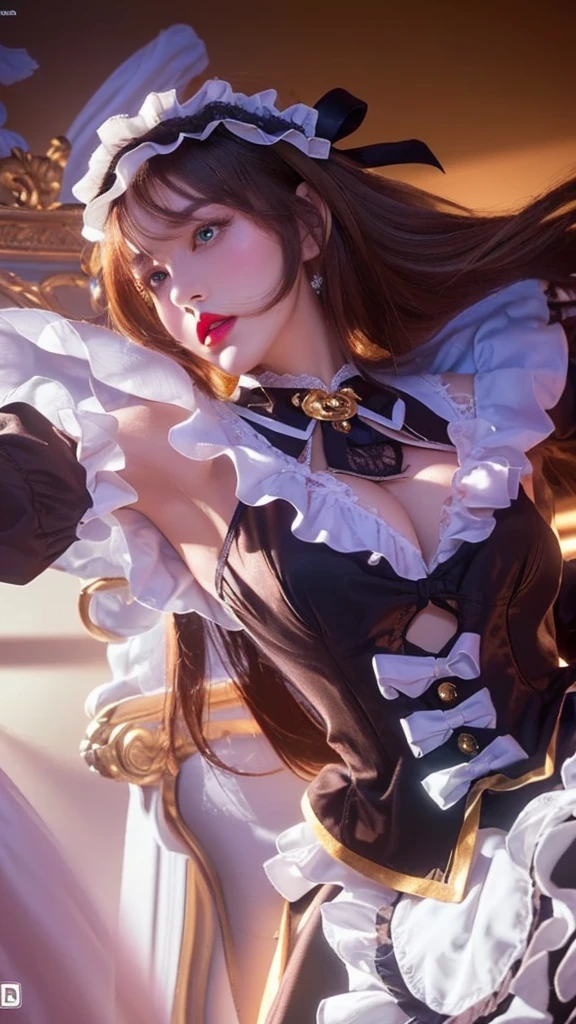 a close up portrait of a beautiful young woman with brunette hair, wearing a classic french maid outfit, detailed facial features, beautiful green eyes, full red lips, porcelain skin, delicate lace trims, intricate maid headpiece, detailed fabric folds, cinched waist, manicured nails, warm lighting, cinematic composition, high quality, photorealistic, masterpiece