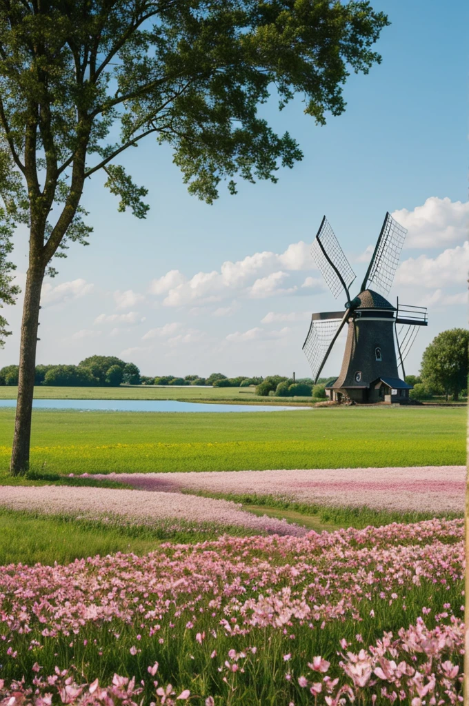 A field that in the center is full of water and is made up of trees and flowers. The water is crystal blue. On the right side there is a windmill and the flowers are pinkish white.