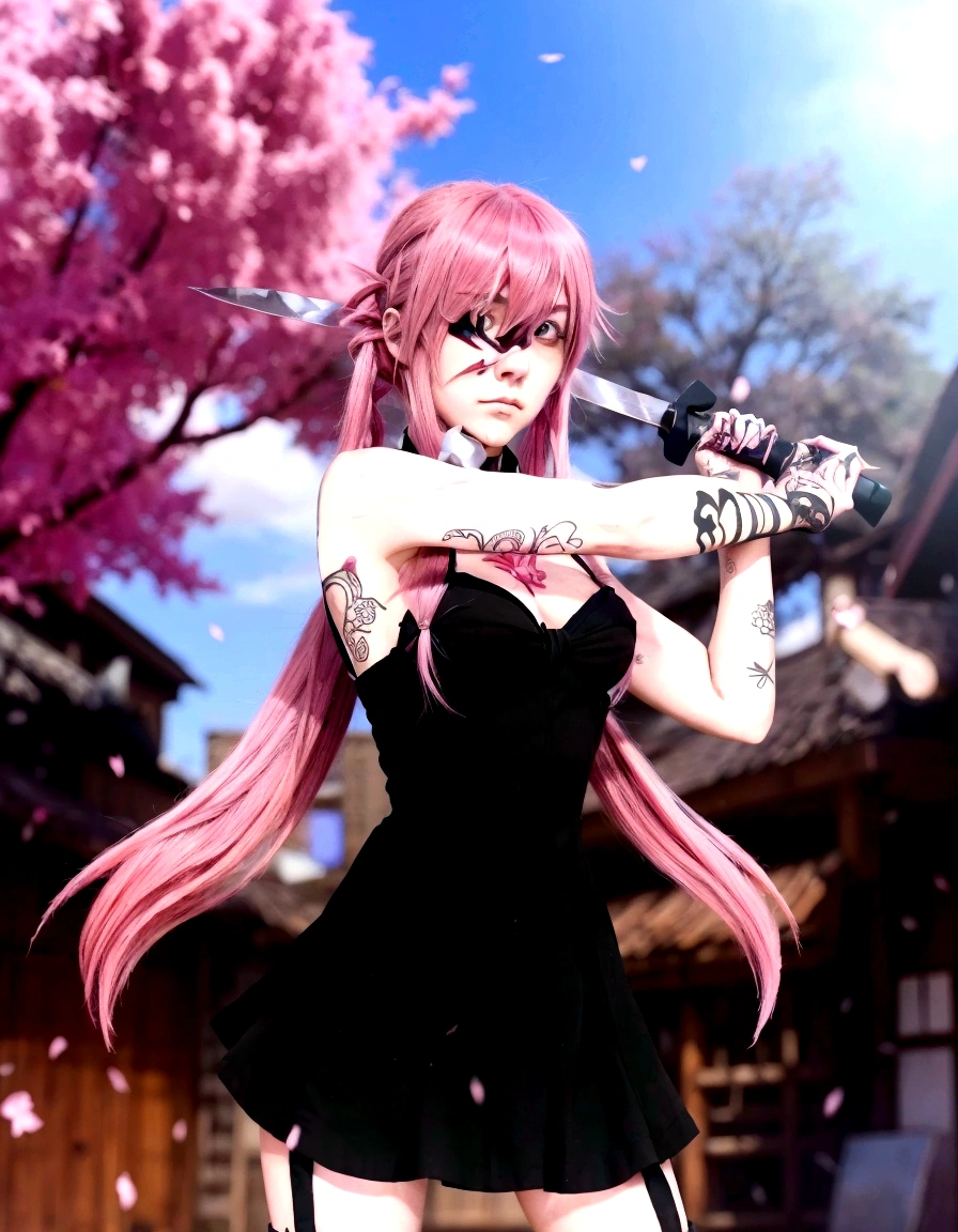a woman with pink hair and tattoos holding a knife, gapmoe yandere, gapmoe yandere grimdark, yandere. tall, badass anime 8 k, as an anime character, gasai yuno as a real person, yandere intricate, in an anime style, anime waifu, in anime style, gasai yuno, yandere, anime style character