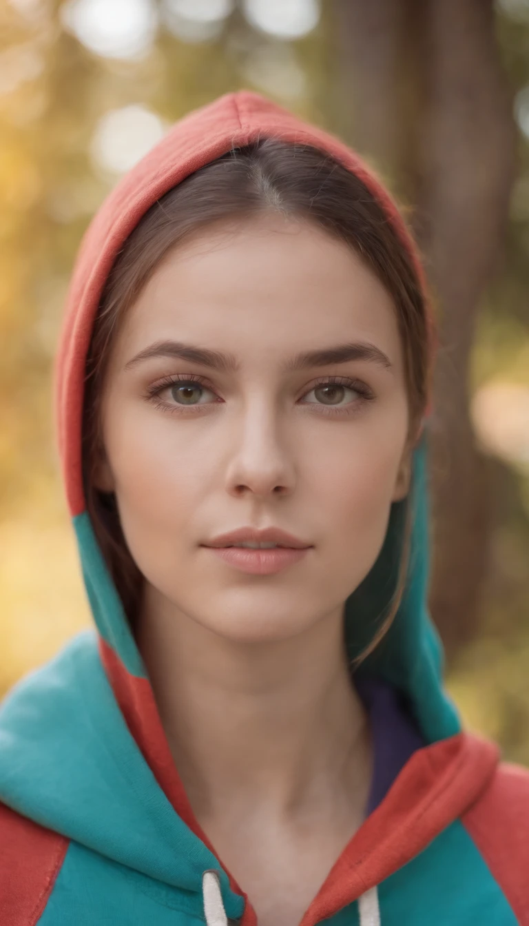  The image is a vibrant portrait of a young woman. She is wearing a colorful hoodie and has a confident expression on her face.