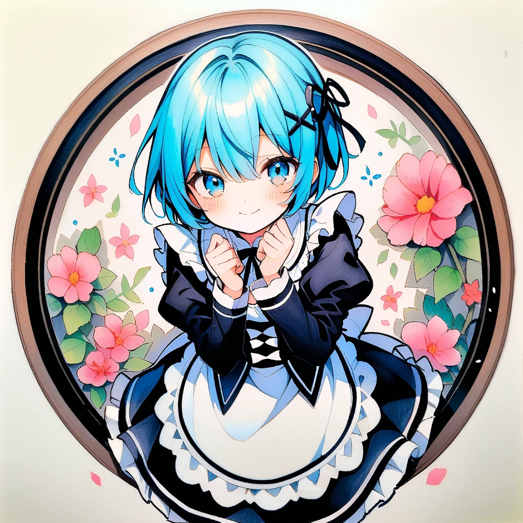 (circular frame1.7),Ram ,2 front handles,head,1 person,like,headใจ,icon, circular frame,icon、2 front handles,head,1 person,(circular frame1.7)、1 personの女の子,alone,Againm (Again:zero),Blue Hair,x hair ornaments,short hair,hair ornaments,blue eyes,Maid,View your viewers,ribbon,Maid headdAgainss,Long sleeve,dAgainss,roswaal mansion Maid uniform,smile,hair ribbon,bAgainasts,Puffy sleeves,Frills,apron,bangs,Mouth closed,black ribbon,pink ribbon,blush,medium bAgainasts,black dAgainss,Juliet Sleeve,Cowboy Shot,flower,Hair between the eyes,Againd ribbon,waist apron,Traditional Media,