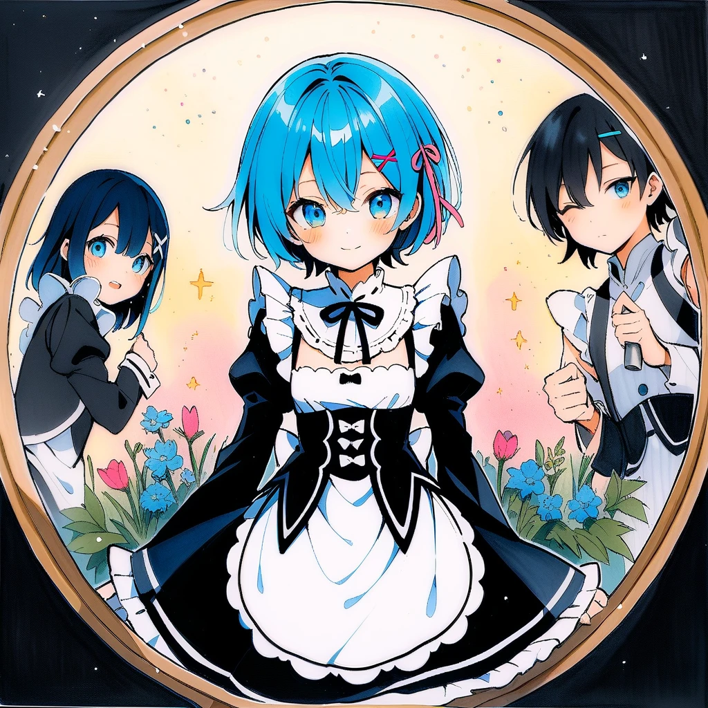 (circular frame1.7),Ram ,2 front handles,head,1 person,like,headใจ,icon, circular frame,icon、2 front handles,head,1 person,(circular frame1.7)、1 personの女の子,alone,Againm (Again:zero),Blue Hair,x hair ornaments,short hair,hair ornaments,blue eyes,Maid,View your viewers,ribbon,Maid headdAgainss,Long sleeve,dAgainss,roswaal mansion Maid uniform,smile,hair ribbon,bAgainasts,Puffy sleeves,Frills,apron,bangs,Mouth closed,black ribbon,pink ribbon,blush,medium bAgainasts,black dAgainss,Juliet Sleeve,Cowboy Shot,flower,Hair between the eyes,Againd ribbon,waist apron,Traditional Media,