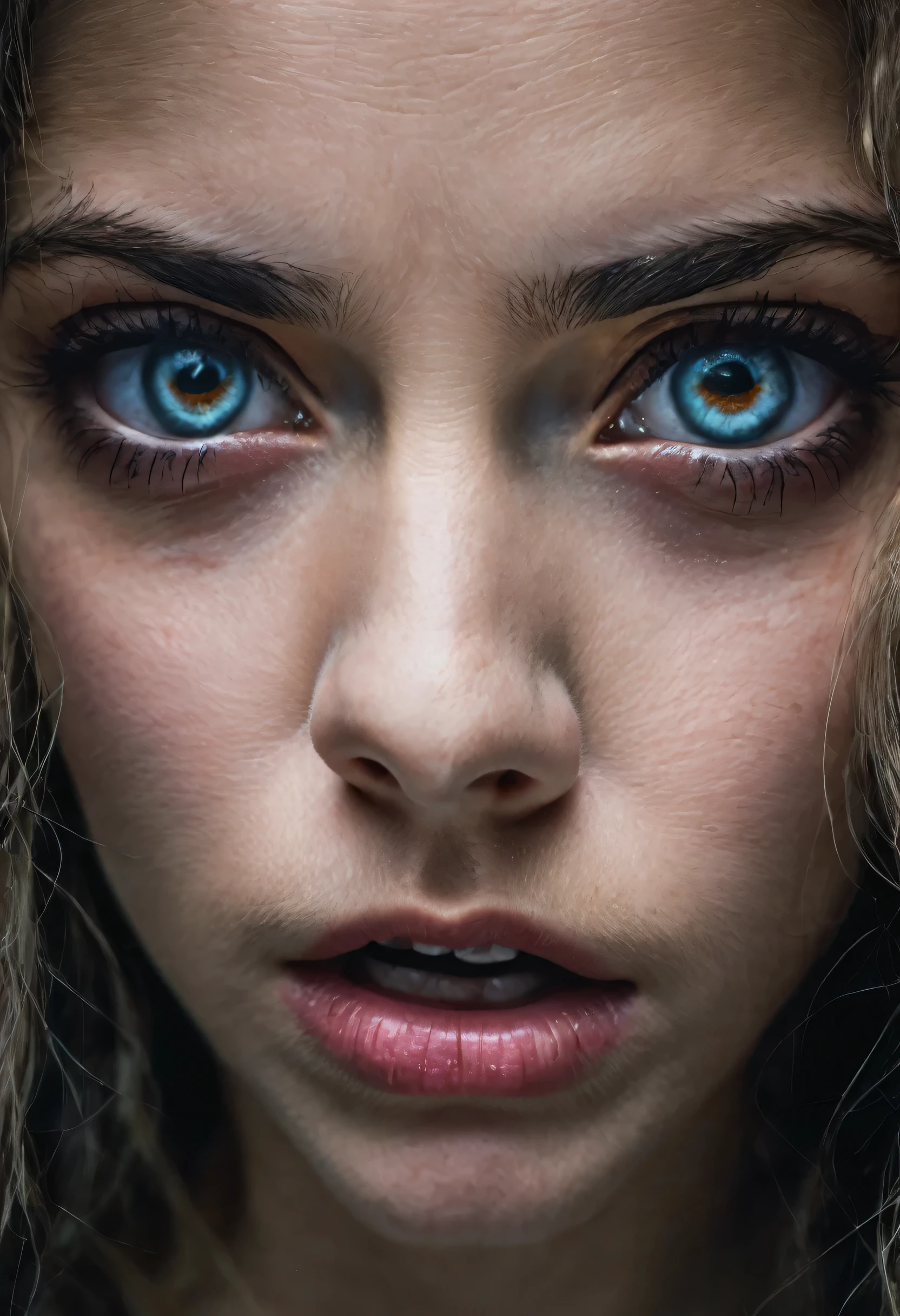 A close-up of a face full of fear and horror, with wide eyes fixed on something out of frame.