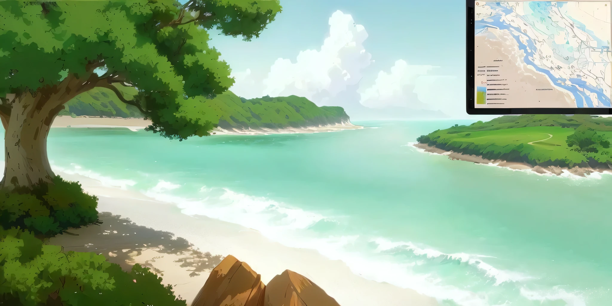 painting of a tree on a beach with a map of the area, painted in anime painter studio, island background, anime scenery, anime landscape, soft digital painting, background artwork, speedpaint, scenery artwork, background art, detailed digital painting, high detail digital painting, speedpainting, anime background art, made with anime painter studio, anime scenery concept art, scenery art detailed