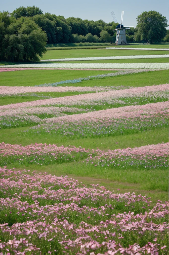 A field that in the center is full of water and is made up of trees and flowers. The water is crystal blue. On the right side there is a windmill and the flowers are pinkish white.
