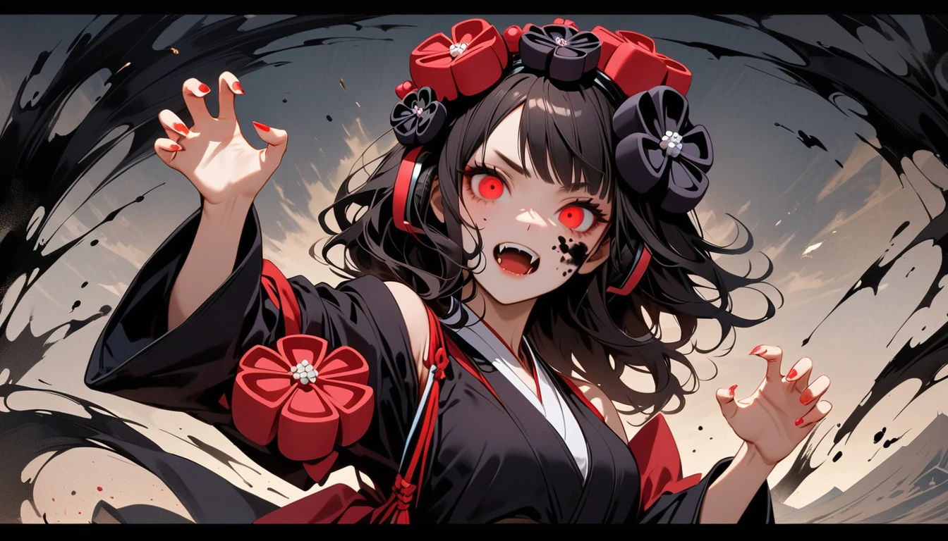(((Horror elements))), (((TATOO on the face))), (((claw pose))), (((Highest quality))), (((Katsushika Hokusai))), (((Ink Painting))), ((very straight longhair)), ((1 girl)), ((Eyes glow red)), ((A beautiful girl possessed by a demon and showing her fangs)), (((Japanese style headphones))), Black Hair, Delicate and precise, Modern ukiyo-e style, head shot