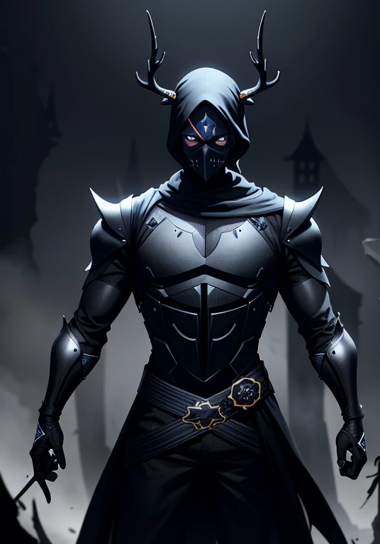 high quality image of a ninja, black suit, suit decorated with blue gothic lines, elk horns on his head, white mask of terror, macabre mask corroded by darkness, an eye instead of the mouth dripping darkness, black eyes, neck full of visible black sutures, golden half-body armor, macabre gothic castle background,