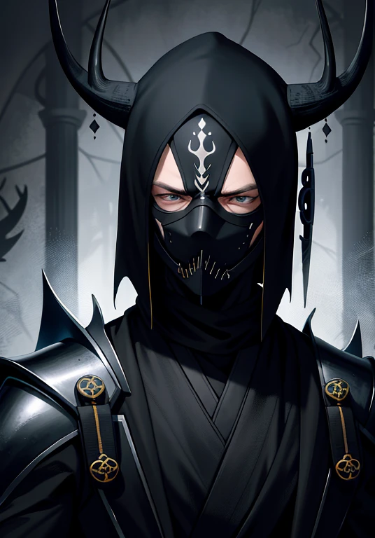 high quality image of a ninja, black suit in the body, suit decorated with blue gothic lines, elk horns on his head, white mask corroded by black blood, an eye instead of the mouth, dripping darkness, black eyes, neck full of visible black sutures, golden half-body armor, macabre gothic castle background,
