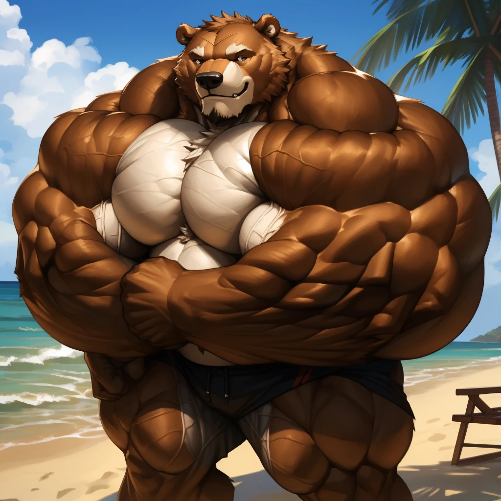 realistic, hyper realistic, detailed muscle,(furry brown bear), good anatomy, masterpiece, art winner, beach, extremely huge muscular, massive muscular, full-body, well-muscled old man. ((extremely muscle size, super thick arms, huge pec, extremely wide pectoral, brown fur, huge arms)). and add details to make it attractive and interesting. Add textures and details to make the image more realistic, Make sure the resulting image is high resolution, 8K quality."