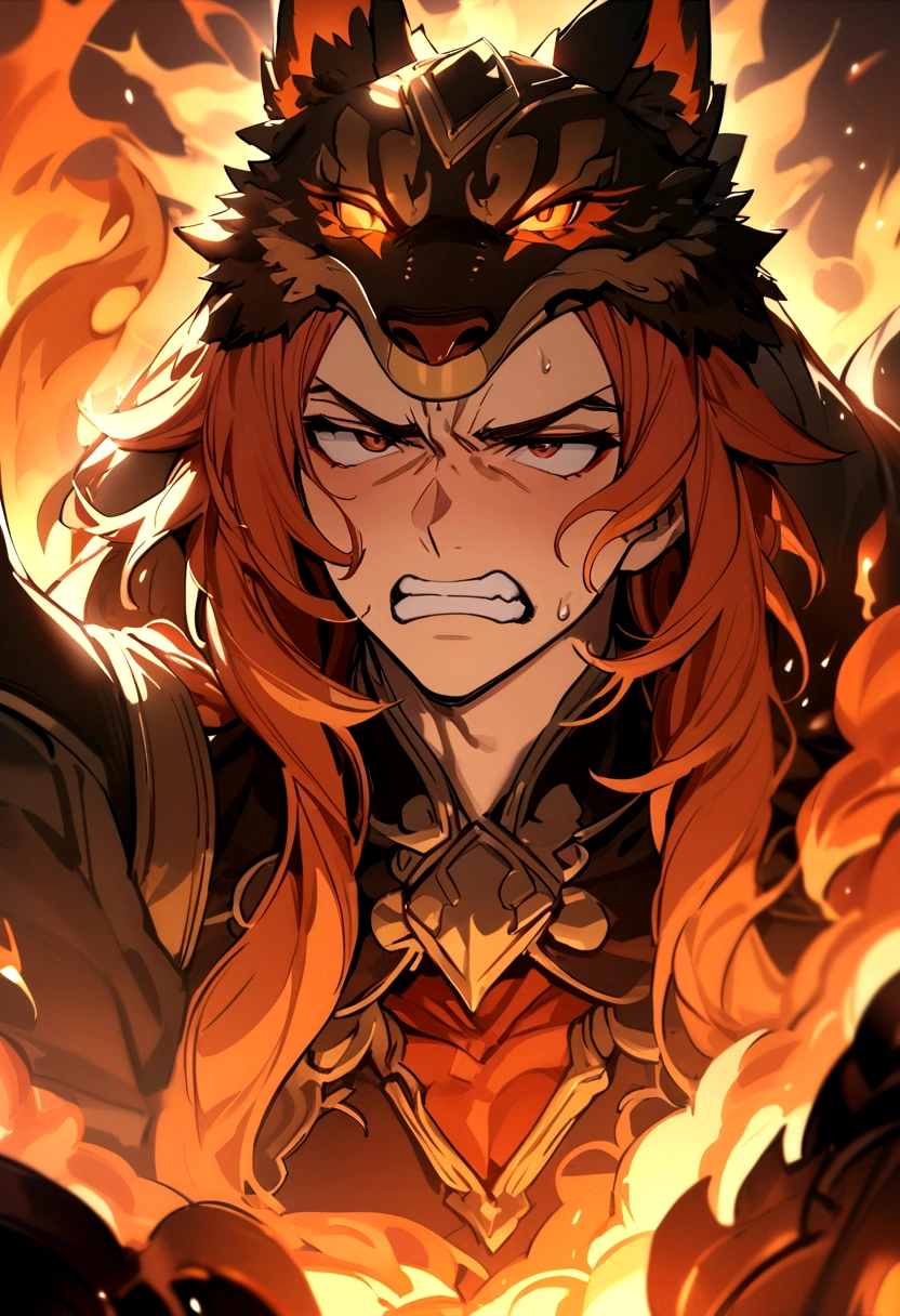 ente masculino con cara de furia, armadura de fuego con garras de fuego, animal ears, furrowed brow, clenched teeth, UHD, masterpiece