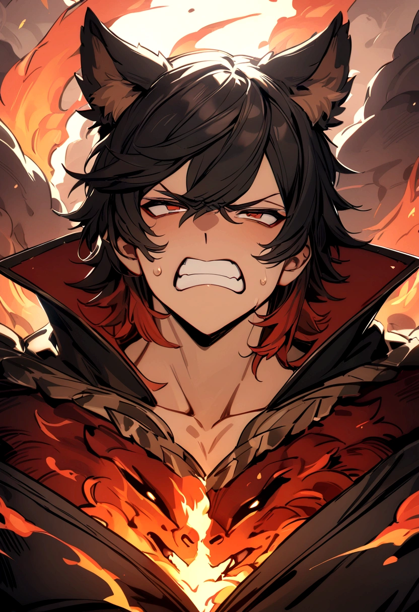 ente masculino con cara de furia, armadura de fuego con garras de fuego, animal ears, furrowed brow, clenched teeth, UHD, masterpiece