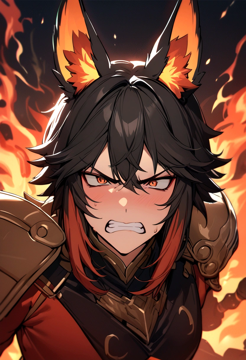 ente masculino con cara de furia, armadura de fuego con garras de fuego, animal ears, furrowed brow, clenched teeth, UHD, masterpiece