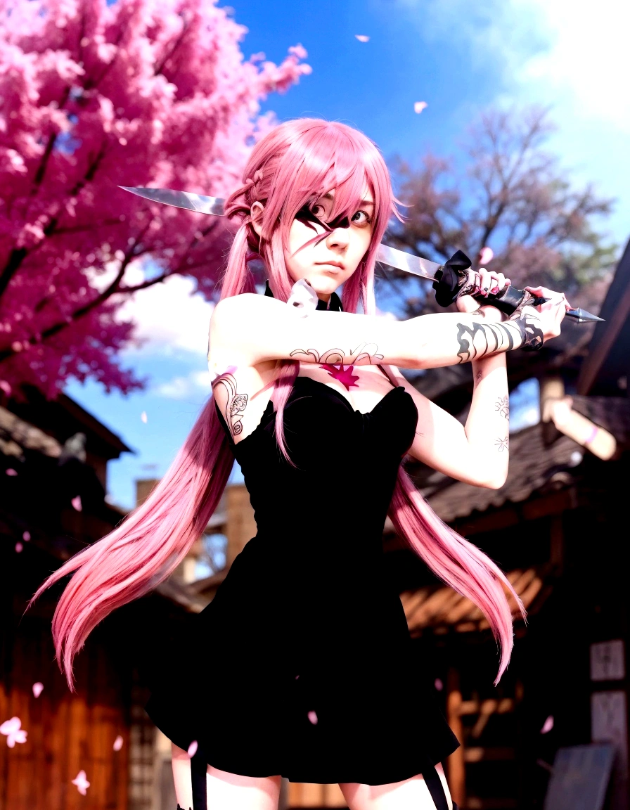 a woman with pink hair and tattoos holding a knife, gapmoe yandere, gapmoe yandere grimdark, yandere. tall, badass anime 8 k, as an anime character, gasai yuno as a real person, yandere intricate, in an anime style, anime waifu, in anime style, gasai yuno, yandere, anime style character