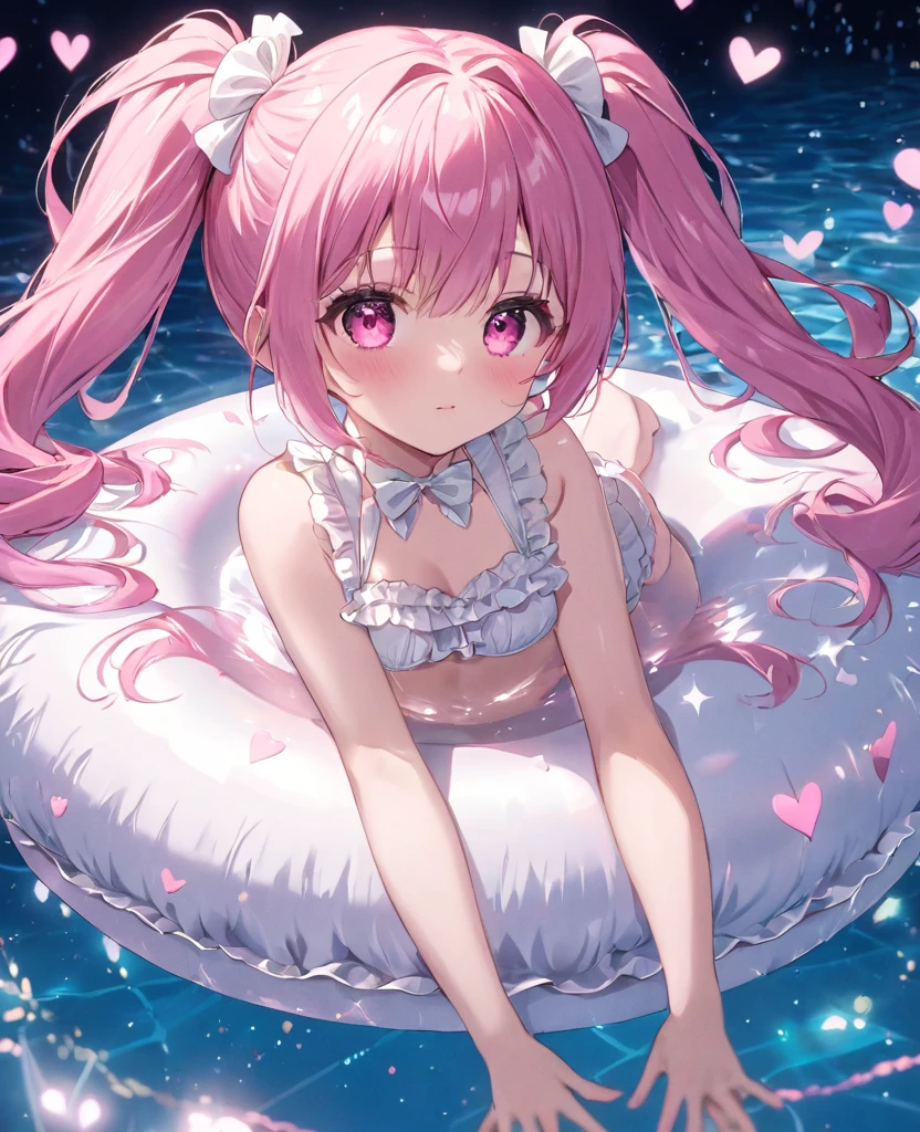 (masterpiece, best quality:1.2), (absurdres, highres, ultra-detailed), (perfect anatomy),
Beautiful woman、Night Pool、Riding on a cute float、Pink Hair、Twin tails、Pink Eyes、Background glitter、night、heart、White frilly swimsuit
(8K, RAW photo:1.2),detailed face and eyes,intricate detail ,masterpiece ,sharp focus, high quality,BREAK,rating: general, newest