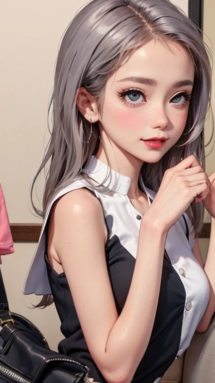 blush a little and smile, (Top quality masterpiece:1.2) Delicate illustrations, Very detailed, /Beautiful Japanese Women、1 person,Very cute and slim、Great style 、((8K images、super high quality))、Very delicate face, Skin and Hair、beautifule forehead、Red lipstick、(((((Mid-length hair、Silver Hair、lure))))),Very cute Japanese cut face、Eyes and nose are clearly visible、Kind eyes,((((Sleeveless fashion))))