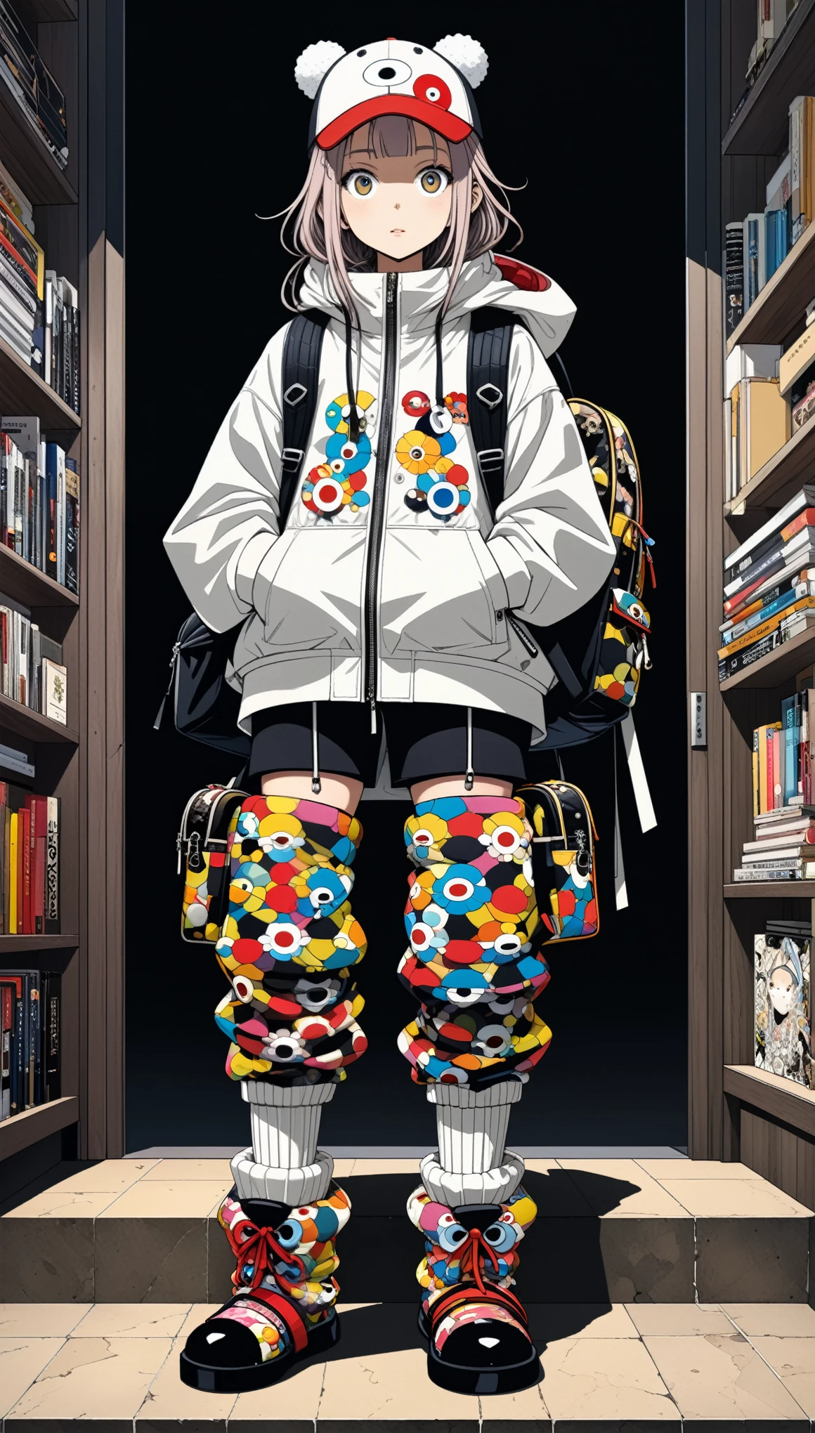 in style of Takashi Murakami, in style of Santiago Caruso,character concept design,big Travel backpack,cap,fullbdoy shot,(((oversize leg warmers))),wide angle, form below,oversize clothes,leaning forward,Sit on the high step