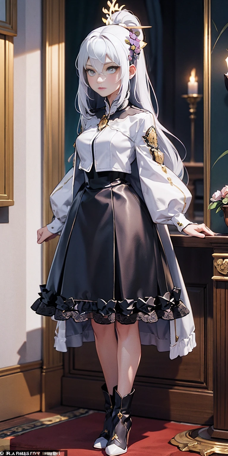 Setting: Royal bedroom - Grand, opulent, with rich fabrics and tapestries Character: Appearance: White hair - Short, styled in a sharp bob Full figure - Curvaceous Attire: High boots - Leather, reaching up the calves Elegant outfit Shirasu Azusa