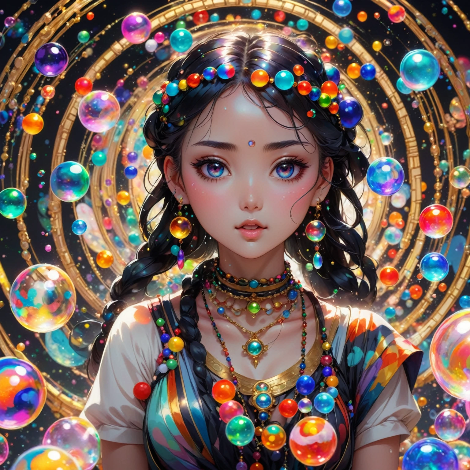 anime girl with colorful beads and necklaces surrounded by bubbles, artwork in the style of guweiz, stunning art style, fantasy art style, cute detailed digital art, beautiful digital artwork, beautiful digital illustration, stunning digital illustration, 4k highly detailed digital art, a beautiful artwork illustration, 8k high quality detailed art, detailed digital anime art, 8k stunning artwork