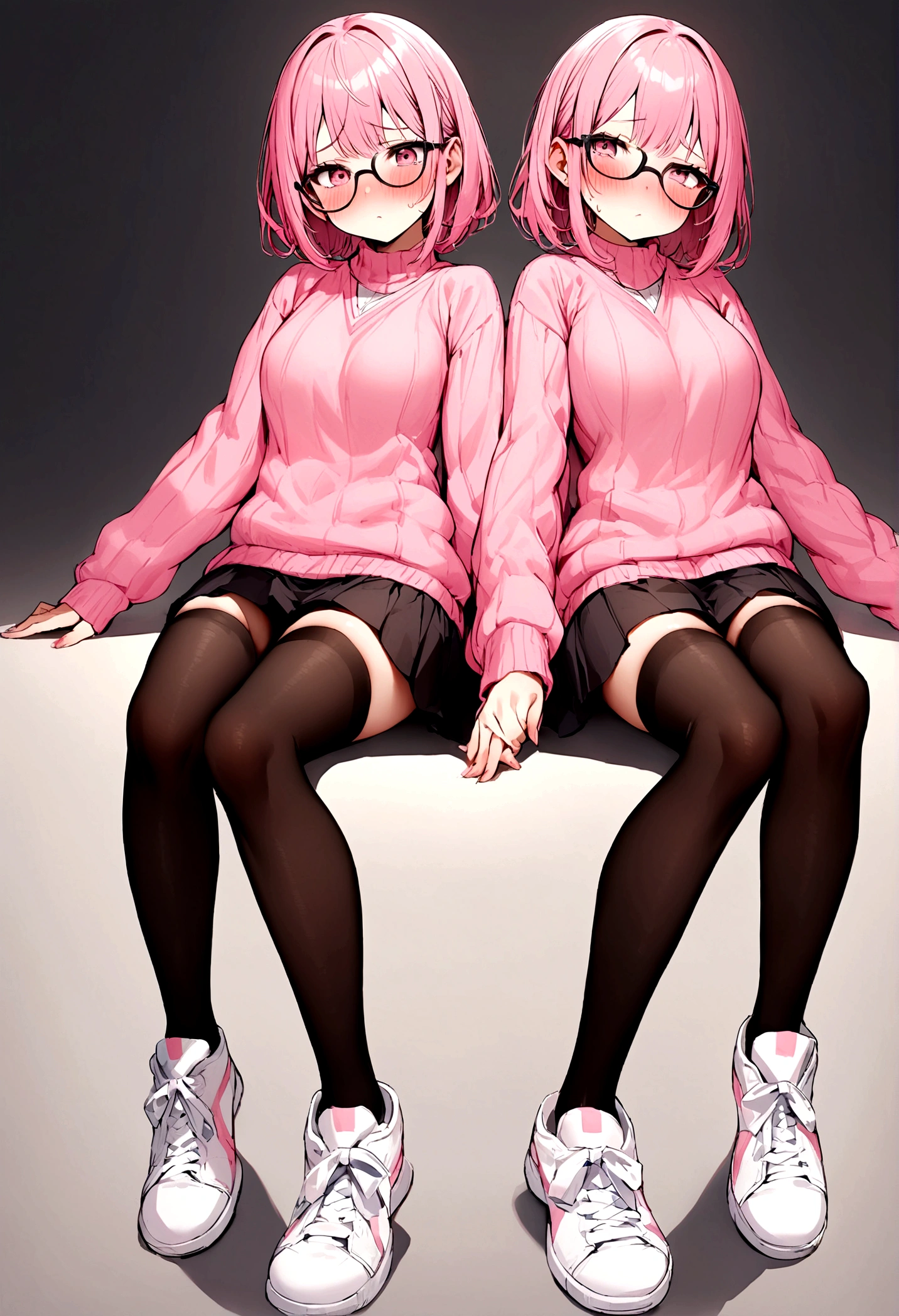 pink hair black glasses pink eyes extremely blushing a big pink sweater short black skirt black stockings white tennis shoes that is a reserved girl that is pouting