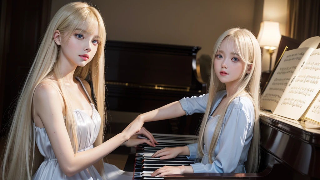 playing piano.silky shiny skin、22 year old cute sexy little beautiful face、Hair glows in front of a cute face、long silky bangs covering the eyes、pale light blue eyes、Young woman super long blonde shiny golden bright straight hair、with round face、Small face beauty、big eye、bright expression、The dress、Even big in clothes