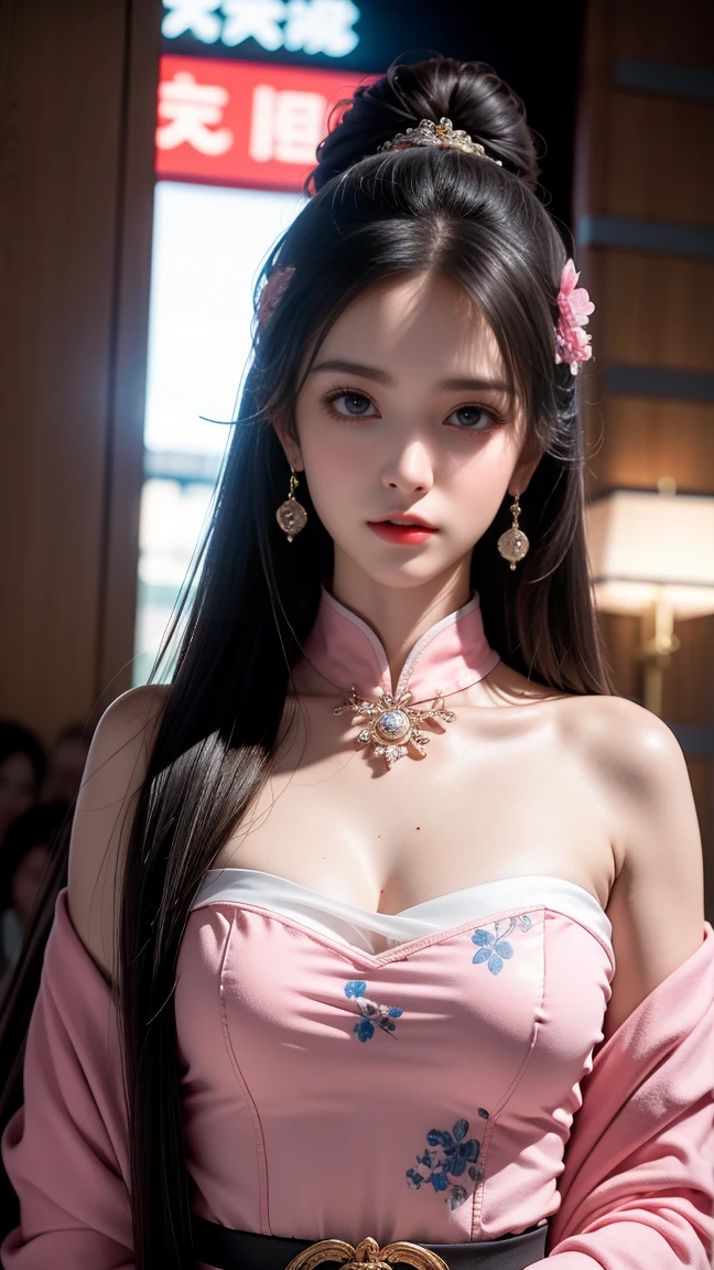 Asian, makeup, pink and black, yellow sakura, red neon, blue eyes, pleasure, ASCII, realism, hyperrealism, highly detailed, sublime, extremely beautiful, sharp focus, sophisticated, cinematic, intricate, elegant, dynamic, rich, deep . colors, bright color, shining light, attractive, cute, beautiful, full background, epic composition, dramatic atmosphere, shining, professional, stunning