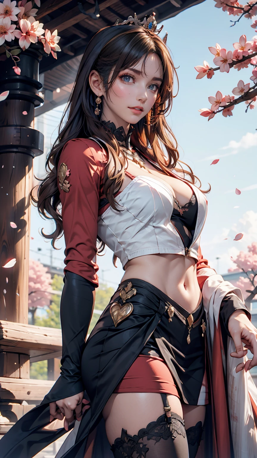 Asuna, ((masterpiece)), High resolution, Asuna (star), Crown Blade, Bright orange hair, armor, cherry blossoms, Dutch Angle