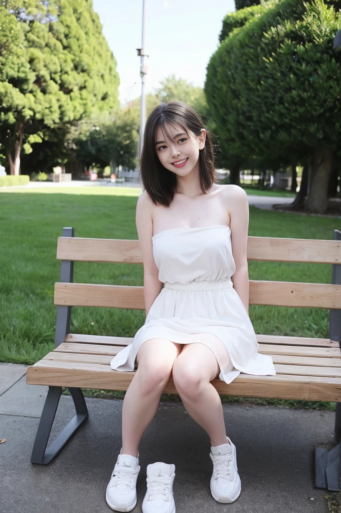 ((topless)) ((FRONTAL NUDITY)) mole on inner thigh ((MEDIUM breast)) ((pale white skin)) sitting on bench, open thighs, (EXHIBITIONIST) ((SMILING)) nude top, thin white skirt only in full growth, young woman with short dark hair, blue shadows on the eyes, posing outdoor, full body in frame, thick thighs, bare legs, knees, sneakers, skirt, standing, MEDIUM BREAST
