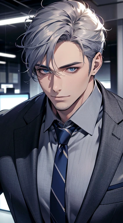 (best quality,4k,8k,highres,masterpiece:1.2),ultra-detailed,(realistic,photorealistic,photo-realistic:1.37),1 man,31 years old,mature man,very handsome,without expression,smile,short grey blue hair,blue eyes,penetrating gaze,perfect face without errors,imposing posture,businessman,office background,cinematic lighting,hdr image