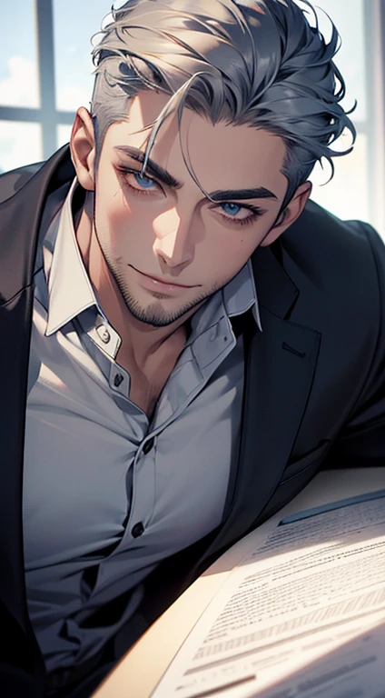 (best quality,4k,8k,highres,masterpiece:1.2),ultra-detailed,(realistic,photorealistic,photo-realistic:1.37),1 man,31 years old,mature man,very handsome,without expression,smile,short grey blue hair,blue eyes,penetrating gaze,perfect face without errors,imposing posture,businessman,office background,cinematic lighting,hdr image