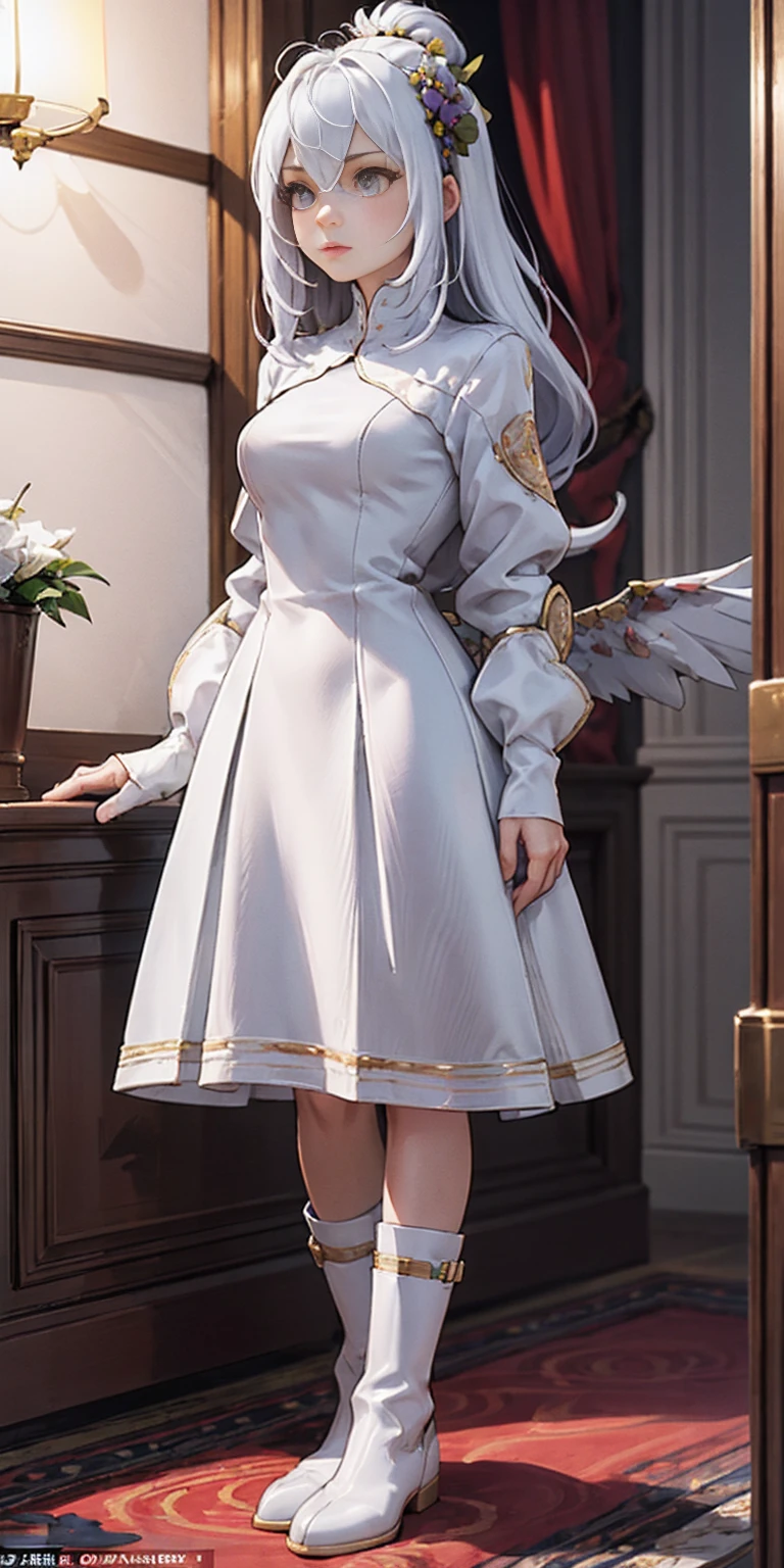 Setting: Royal bedroom - Grand, opulent, with rich fabrics and tapestries Character: Appearance: White hair - Short, styled in a sharp bob Full figure - Curvaceous Attire: High boots - Leather, reaching up the calves Elegant outfit Shirasu Azusa