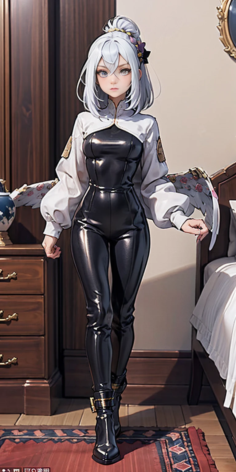 Setting: Royal bedroom - Grand, opulent, with rich fabrics and tapestries Character: Appearance: White hair - Short, styled in a sharp bob Full figure - Curvaceous Attire: High boots - Leather, reaching up the calves Elegant outfit Shirasu Azusa