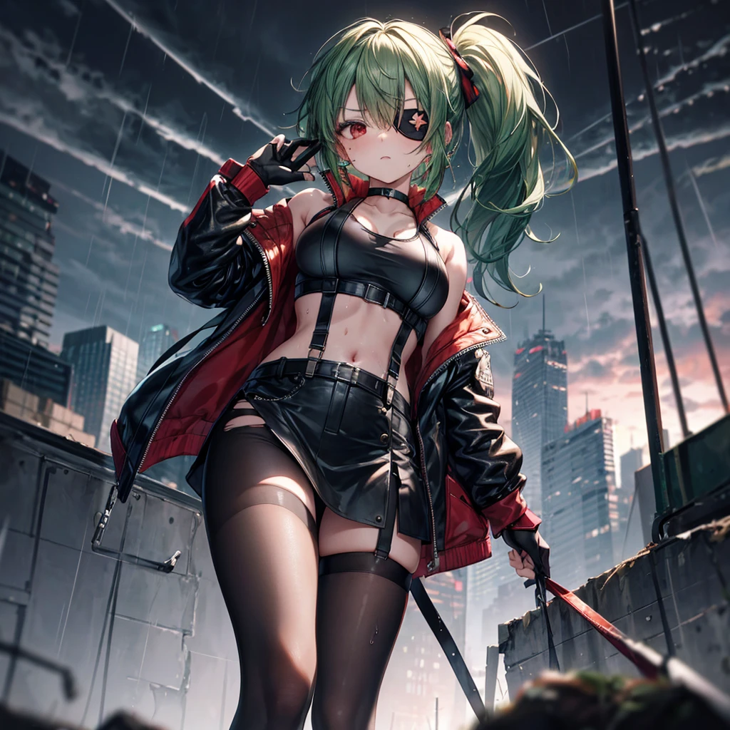 ((Highest quality)), ((masterpiece)), ((detailed)), (4K), 1girl, 独奏, ((eyepatch)), red eye, middle hair, messy hair, green hair, side ponytail, (fighter), crop top, leather jacket, medium breasts, see through, Torn miniskirt, suspender skirt, torn pantyhose, choker, bracelet, ((rain)), (wet), gloves, (expressionless), scowl, (from below), (looking down), face focus, looking at viewer, (open legs), wasteland, town, blurry background