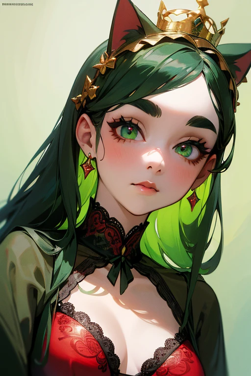 (Highest quality, masterpiece:1.2), High resolution, Very detailed, Realistic:1.37, Fantasy, An illustration, Green Eyes、Queen, ((Red lace swimsuit)).Platinum decoration、beautifully、Eyeshadow Red、Thick eyebrows、Long eyelashes、pupils are black、Her hair is dark green、Gold crown、Kissing Face、Embarrassing、Beloved by the crowd、Hair is green、Braiding、hair ornaments、Keep the image of your face、((Cat Pose)).