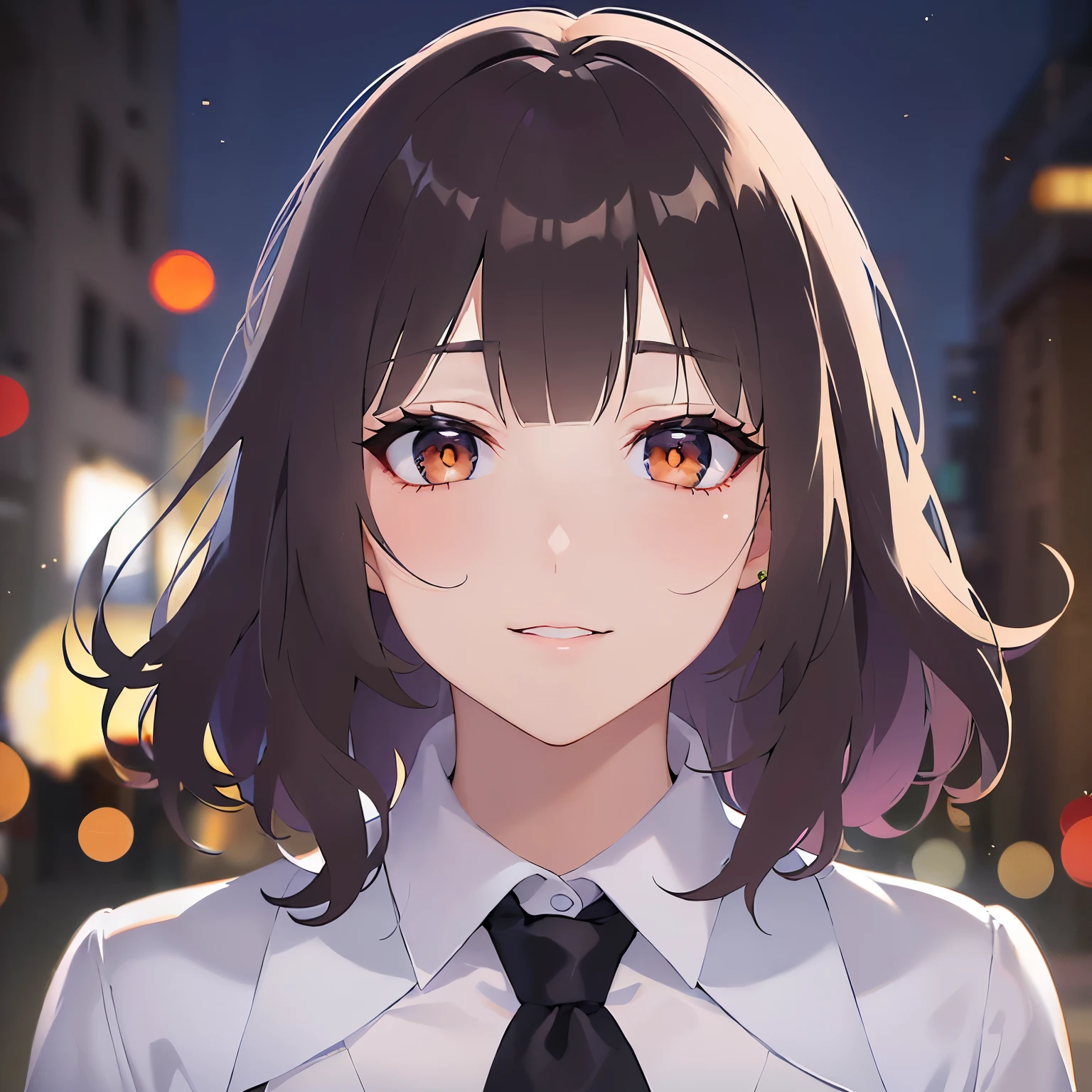 lookin at viewer,upper Body, Realistic, real person, (pale skin: 1.2), RAW photo, photorealistic, shiny skin, shiny hair、 (A 25-year-old woman with bob hair and bangs:1.5) and (wavy hair) and (brown hair) and (Orange Eyes)、 (business suit)and (Wearing a white collared shirt)、 blush,smile,The background is the city at night、Night Sky