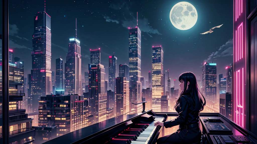 Create a detailed illustration of a cyberpunk retrowave night landscape with numerous buildings. In the distance, on the rooftop of one of the buildings, there should be a girl playing the piano. The cityscape features a mix of architectural styles and lights, with tall skyscrapers and smaller buildings creating a dynamic skyline. The girl on a rooftop in the distance should be clearly visible, playing a grand piano. The atmosphere is serene and slightly melancholic, with the moon setting and casting a cold glow over the city. Soft lighting emanates from the buildings' windows, and a few birds can be seen flying in the sky. Gentle ambient city neon begin to flicker on, adding to the tranquil scene. There are small parks and green spaces interspersed among the buildings, providing a touch of nature within the urban environment.