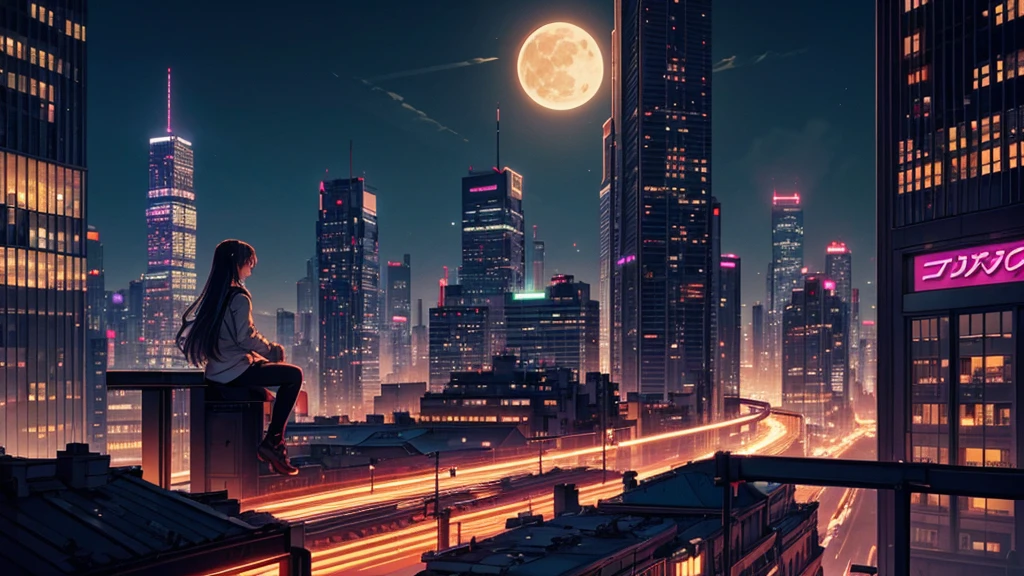 Create a detailed illustration of a cyberpunk retrowave night landscape with numerous buildings. In the distance, on the rooftop of one of the buildings, there should be a girl playing the piano. The cityscape features a mix of architectural styles and lights, with tall skyscrapers and smaller buildings creating a dynamic skyline. The girl on a rooftop in the distance should be clearly visible, playing a grand piano. The atmosphere is serene and slightly melancholic, with the moon setting and casting a cold glow over the city. Soft lighting emanates from the buildings' windows, and a few birds can be seen flying in the sky. Gentle ambient city neon begin to flicker on, adding to the tranquil scene. There are small parks and green spaces interspersed among the buildings, providing a touch of nature within the urban environment.