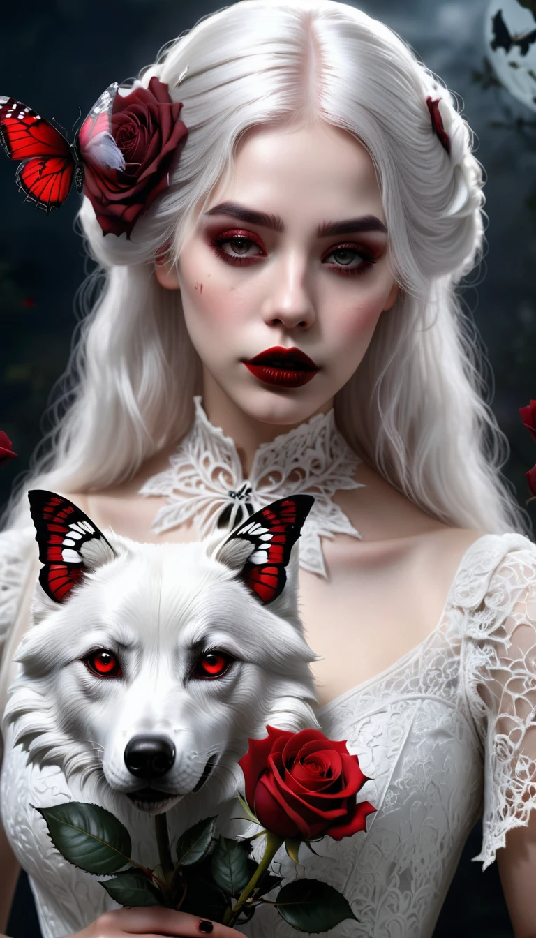 (best quality,4 k,8 k,higher ,masterpiece:1.2),ultra-detailed,(realistic,photorealistic,photo-realistic:1.37),gothic art,girl ,lace dress,thorny rose,creepy,terrifying, dark Red lips , butterfly,holding a Rose , Dark red rose . White hair, rose on her hair , white wolf beside her .