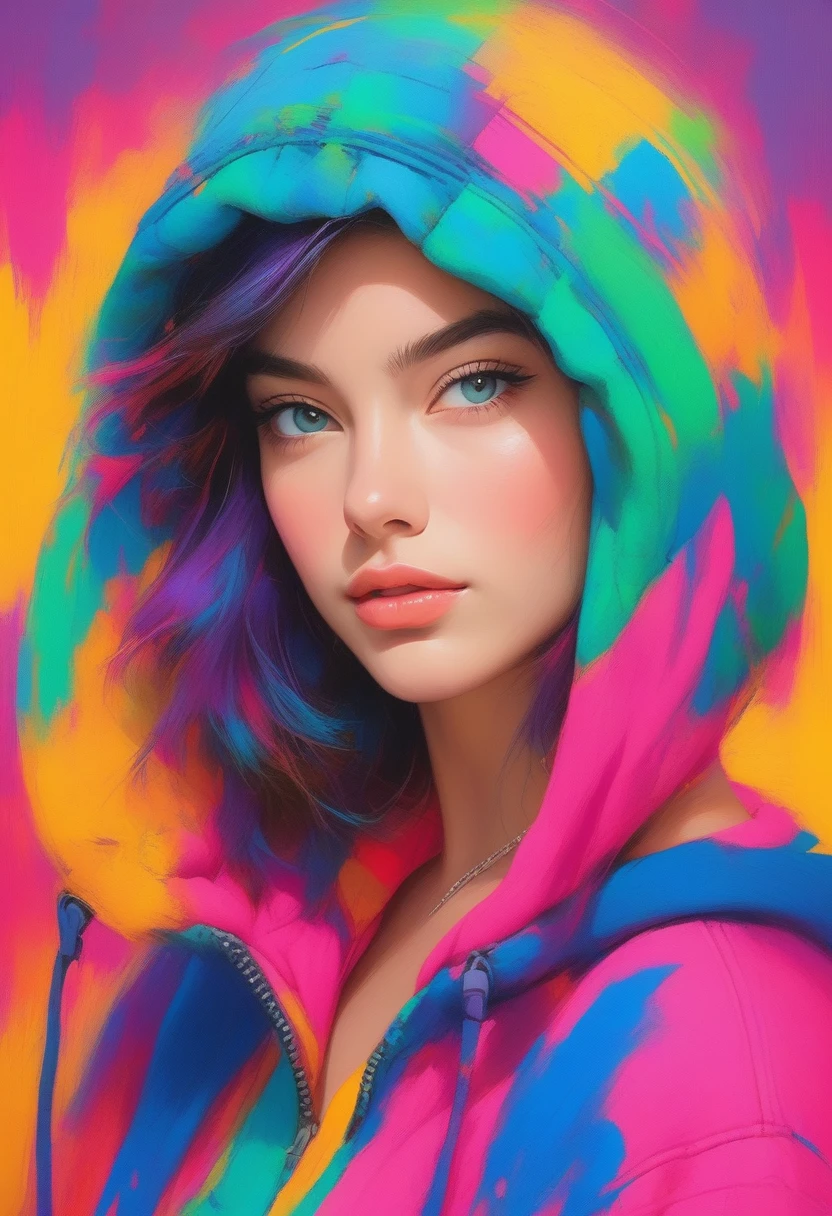  The image is a vibrant portrait of a young woman. She is wearing a colorful hoodie and has a confident expression on her face.