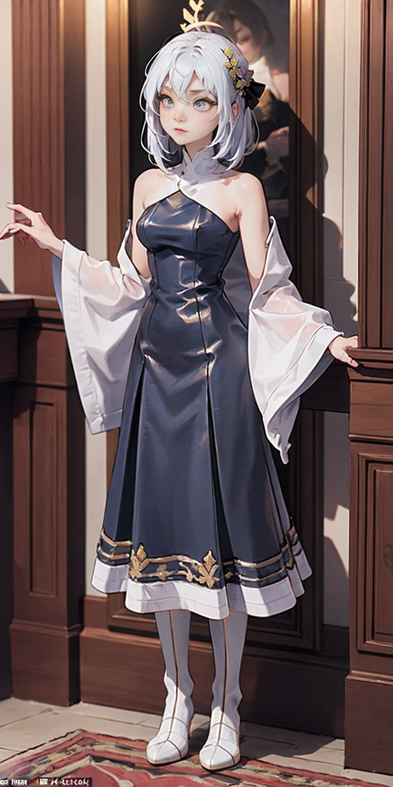 Setting: Royal bedroom - Grand, opulent, with rich fabrics and tapestries Character: Appearance: White hair - Short, styled in a sharp bob Full figure - Curvaceous Attire: High boots - Leather, reaching up the calves Elegant outfit Shirasu Azusa