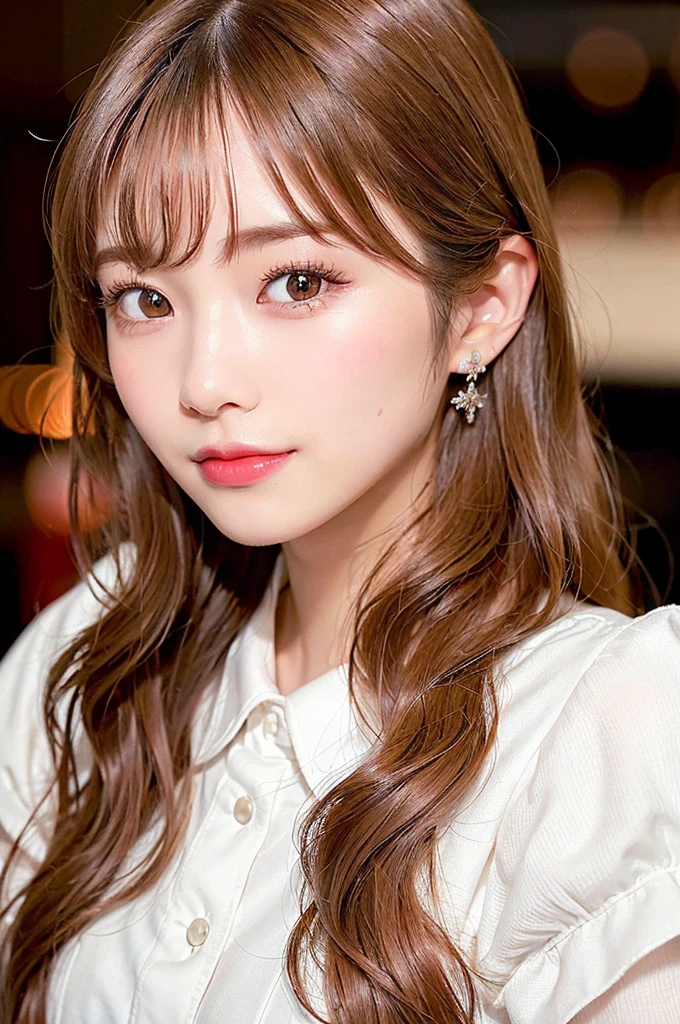 smiling, high-level image quality、20 year old Korean girl photo, raw, Beautiful woman, (Extra-long wavy blonde hair), ((Portrait)), ((Detailed face:1.2)), ((A detailed face Characterized by fine skin), pale skin, , (cold color), moist, moist, reflector stay piece) (perfectly proportions)(photos realistic)(Best Quality) photographed in a Canon EOS R5, 50mm Lens,(8K), Focus on the face、facial close-up、only face、The upper part of the body、very long upper eyelashes、Very long lower eyelashes、Detailed lashes、Curled eyelashes、eyelash perm、Beautiful lashes, Glamorous makeup、Natural eyes、Oku Duplex、very beautiful eyelashes