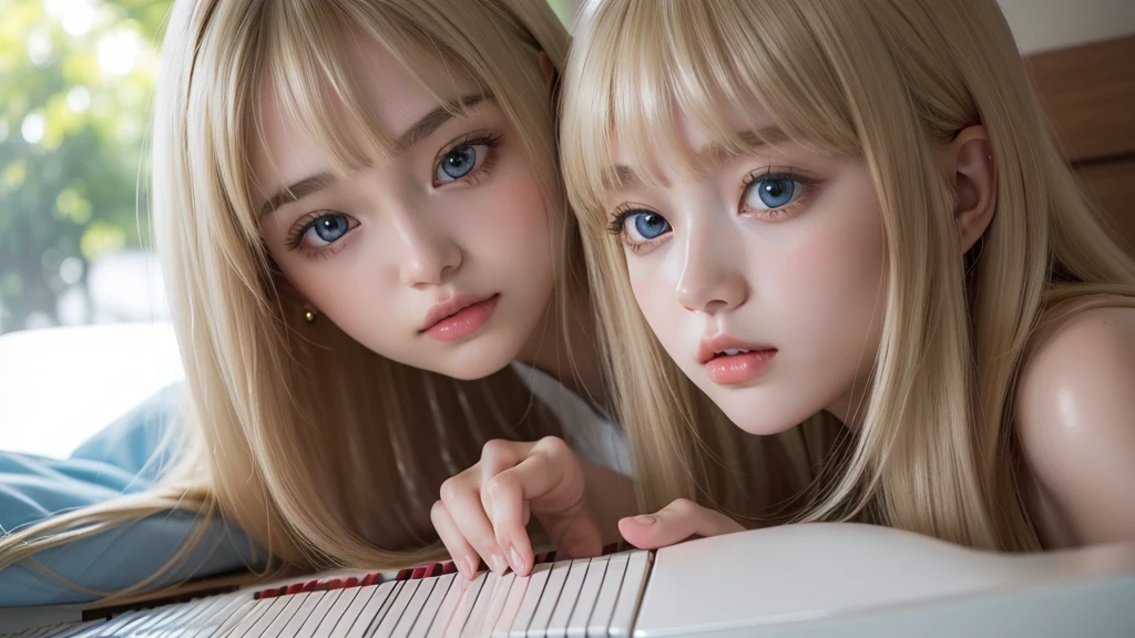 playing piano.silky shiny skin、22 year old cute sexy little beautiful face、Hair glows in front of a cute face、long silky bangs covering the eyes、pale light blue eyes、Young woman super long blonde shiny golden bright straight hair、with round face、Small face beauty、big eye、bright expression、The dress、Even big in clothes