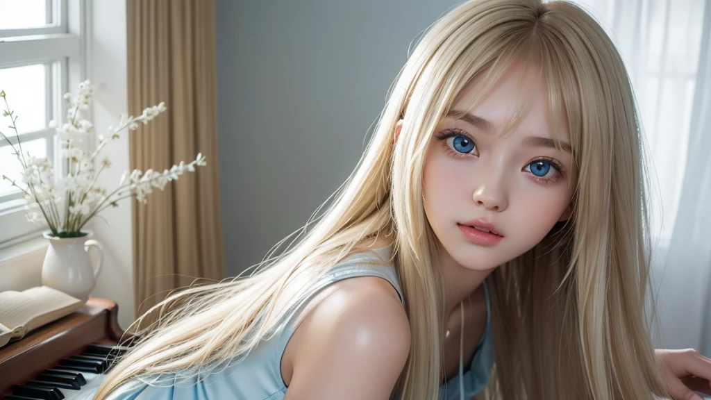 playing piano.silky shiny skin、22 year old cute sexy little beautiful face、Hair glows in front of a cute face、long silky bangs covering the eyes、pale light blue eyes、Young woman super long blonde shiny golden bright straight hair、with round face、Small face beauty、big eye、bright expression、The dress、Even big in clothes