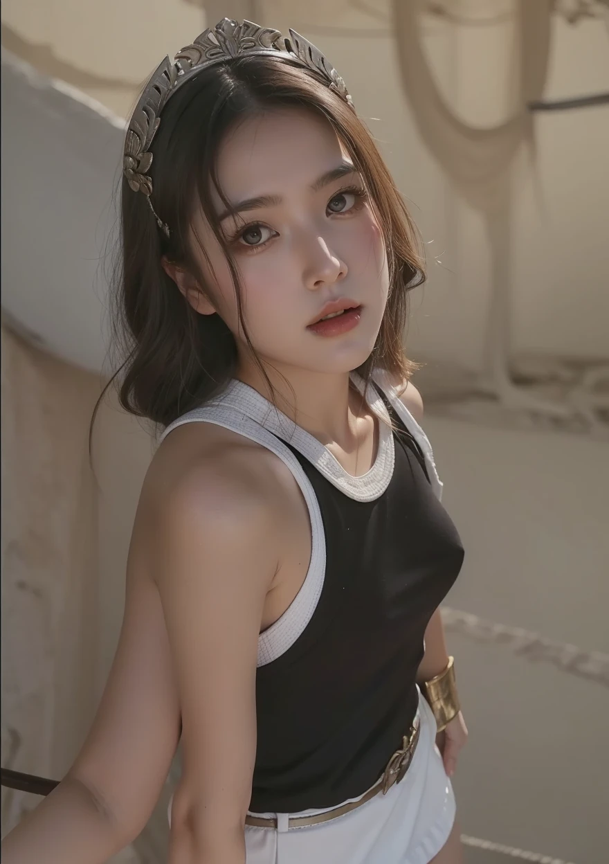 Cute girl, Long white hair, ancient Greek warrior helmet, short white dress underneath, brown belt, wraps on her hands, iron wings, big breasts, short skirt. Sword