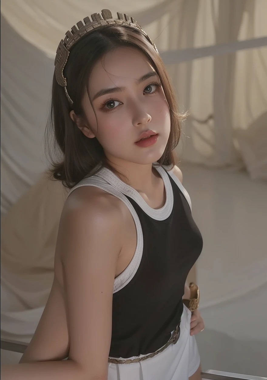 Cute girl, Long white hair, ancient Greek warrior helmet, short white dress underneath, brown belt, wraps on her hands, iron wings, big breasts, short skirt. Sword