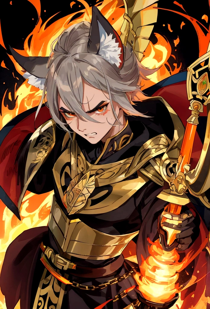 ente masculino con cara de furia, armadura de fuego con garras de fuego, animal ears, furrowed brow, clenched teeth, UHD, masterpiece