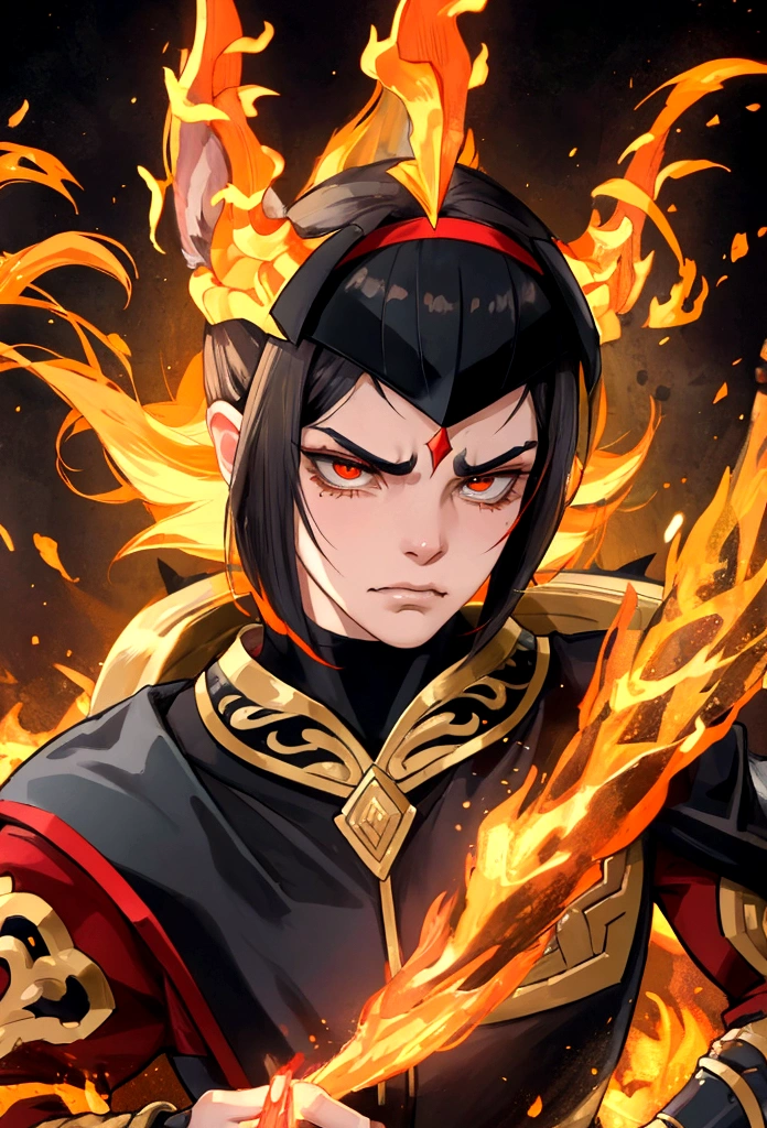 ente masculino con cara de furia, armadura de fuego con garras de fuego, animal ears, furrowed brow, clenched teeth, UHD, masterpiece