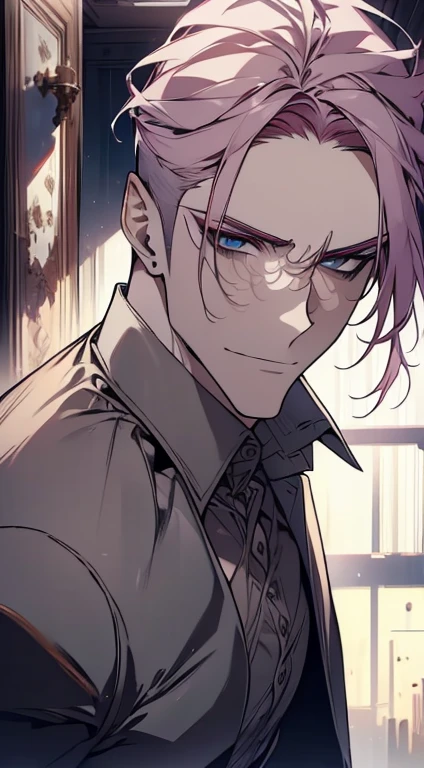 (best quality,4k,8k,highres,masterpiece:1.2),ultra-detailed,(realistic,photorealistic,photo-realistic:1.37),1 man,31 years old,mature man,very handsome,without expression,smile,short grey pink hair,blue eyes,penetrating gaze,perfect face without errors,imposing posture,businessman,office background,cinematic lighting,hdr image