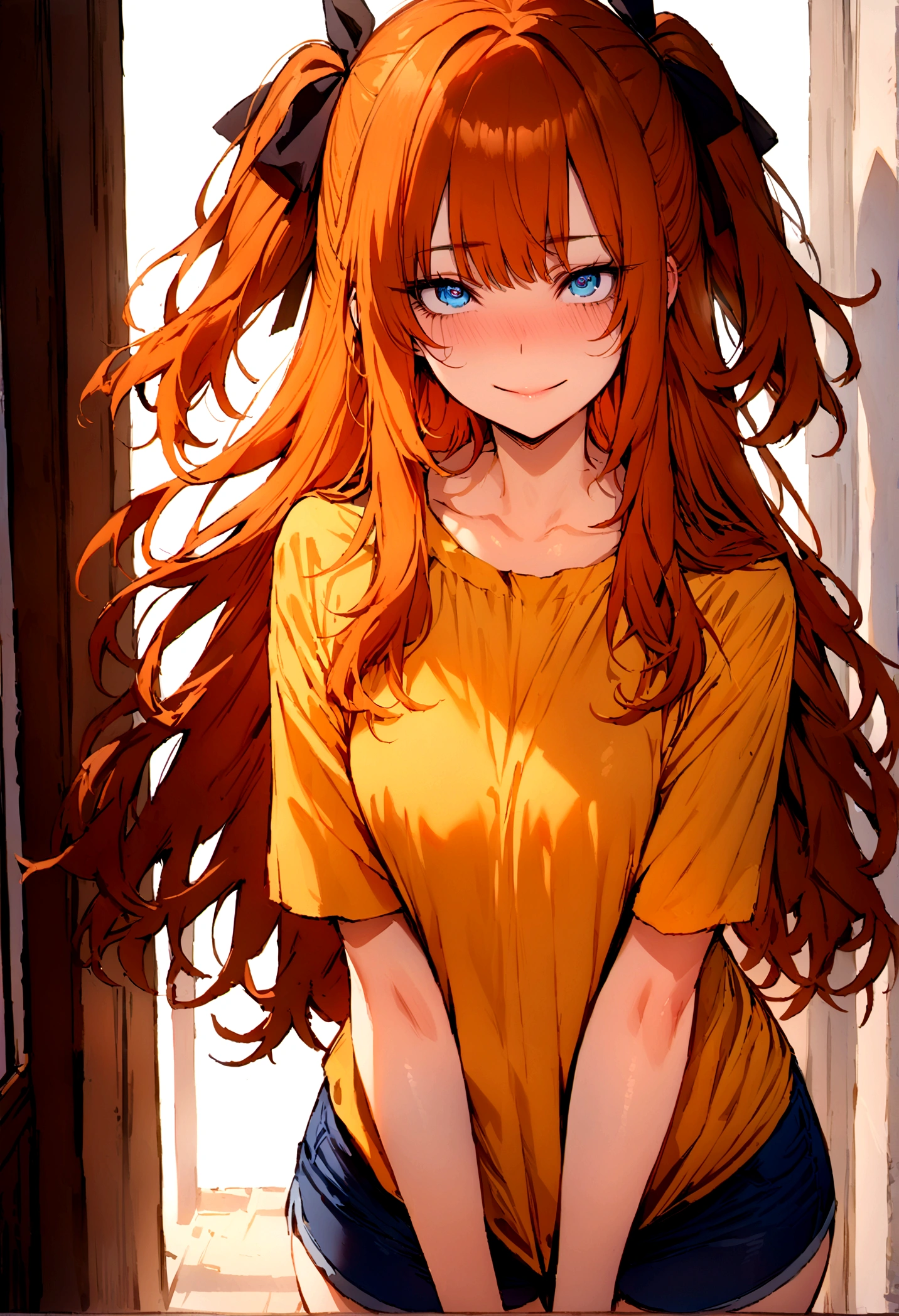 (masterpiece), best quality, expressive eyes, perfect face, 1girl, solo, blue eyes, dark orange Hair, Loose hair, hair ribbon, long hair, black ribbon, sidelocks, bangs two side up, smile, yellow shirt, blue short shorts, looking at viewer,