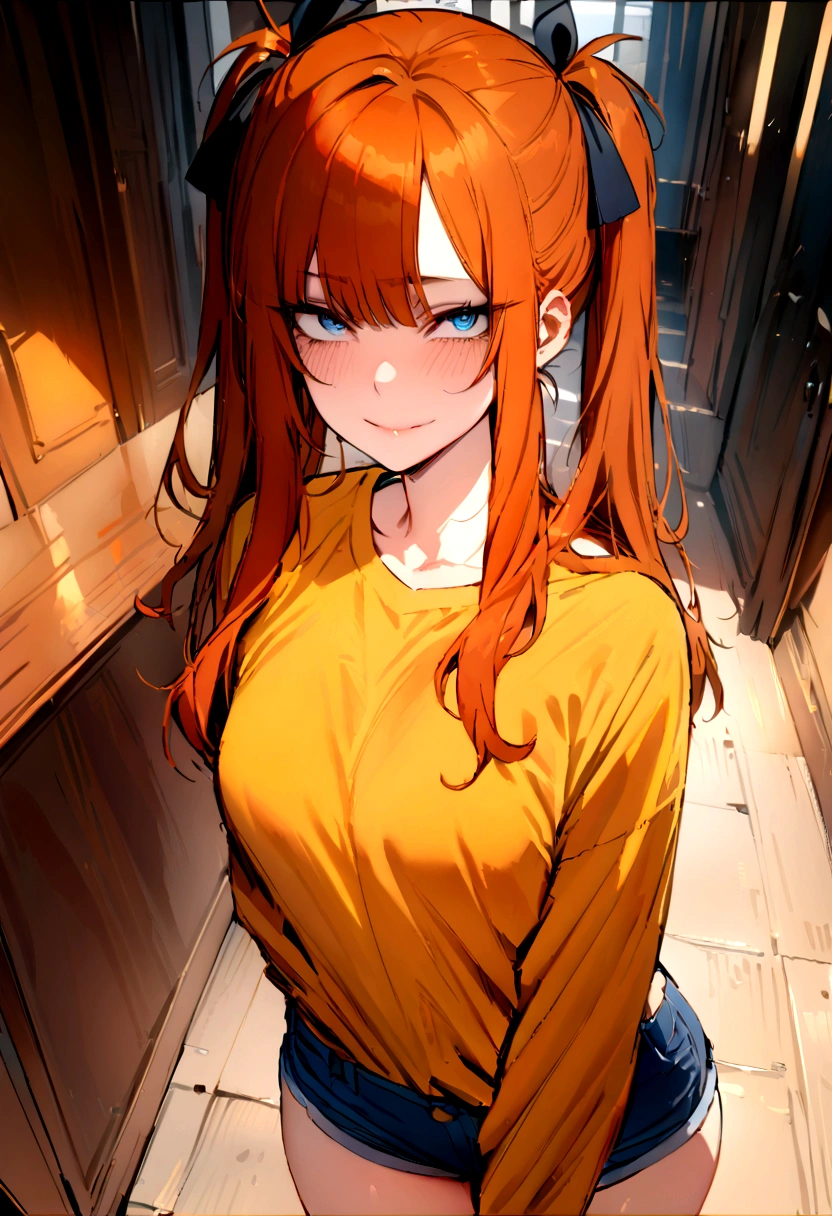 (masterpiece), best quality, expressive eyes, perfect face, 1girl, solo, blue eyes, dark orange Hair, Loose hair, hair ribbon, long hair, black ribbon, sidelocks, bangs two side up, smile, yellow shirt, blue short shorts,  looking at viewer,