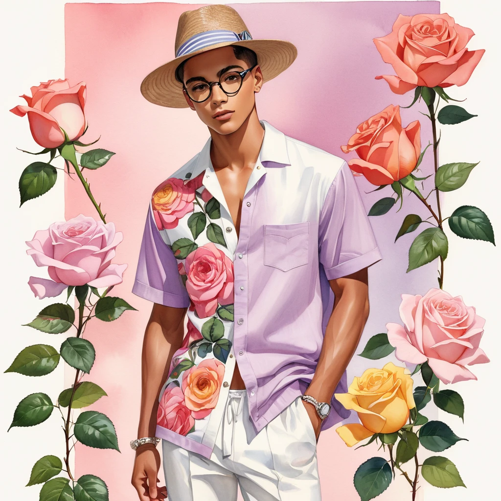 candid fashion illustration of young Mixed race 2man, both aged 18-23 year old, ((showcase fashion look book in linen outfits)), the design inspired by David Austin rose Emma Bridgewater, in elegant chic style. The man wears an oversized short-sleeved shirt with a minimal rose embroidery details, paired with relaxed-fit white Short with Drawstring, He completes his look with white sneakers and round glasses. The boyfriend complements him in a skinny fitted speedo in a stripe pattern, semi bulge, He resemble includes an accessorizes with a brimmed straw hat and white sneakers, Captured in a low angle, ((full-body image)), ((roses motifs background)), fashion sketching, realistic drawing, ((imperfect water color drawing background)), fashion look book, fashion illustrator, fashion sketch design, gay, gay couple, The Emma Bridgewater rose by David Austin, lovely variety characterized by colors, at first pink with a yellow button eye, then brighter coral-pink tones softening to mauve and lilac. The blooms are large, with many petals forming a classic, rosette shape. The color can range from a delicate, pale pink to a slightly deeper shade, depending on the growing conditions. This rose is appreciated for its charming appearance and delightful,